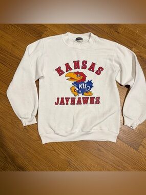 Jansport White Kansas Jayhawks Crewneck Sweatshirt with Red, Blue & Yellow Logo